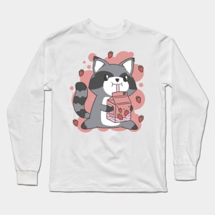 Cute Raccoon Drinking Strawberry Milk Long Sleeve T-Shirt